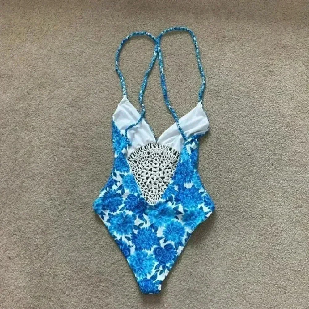 Frankie's Bikinis Poppy One Piece Blue Dahlia in size medium